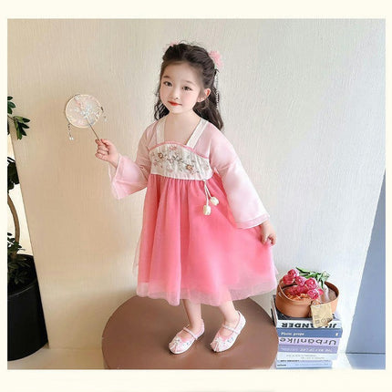 Girls Hanfu Long Sleeve Dress Floral Embroidery Kids Festival Dresses