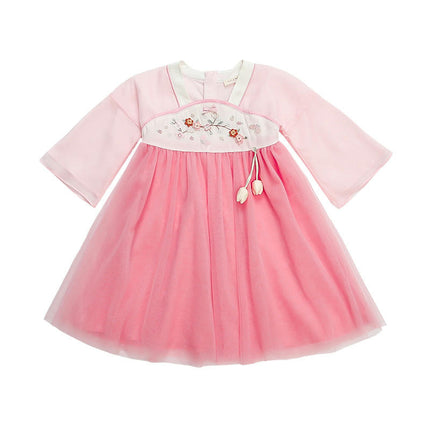 Girls Hanfu Long Sleeve Dress Floral Embroidery Kids Festival Dresses