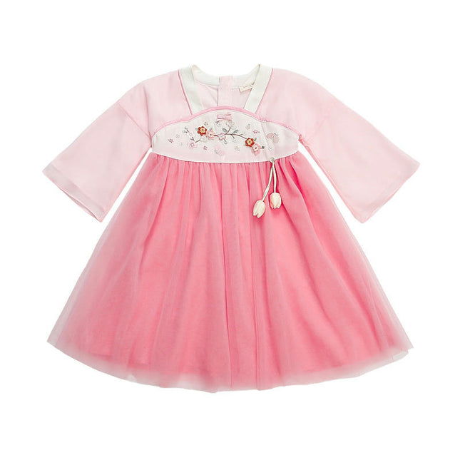 Girls Hanfu Long Sleeve Dress Floral Embroidery Kids Festival Dresses