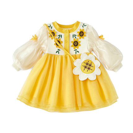 Kids Girls Casual Long Sleeve Round Neck Sunflower Party Dress