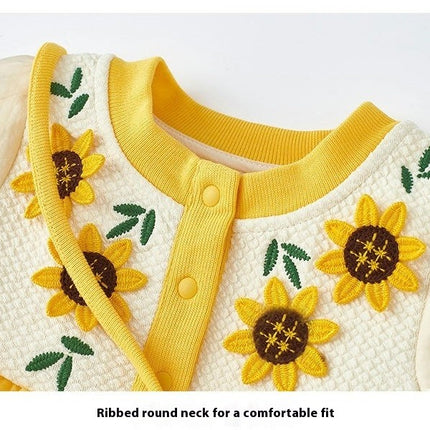 Kids Girls Casual Long Sleeve Round Neck Sunflower Party Dress