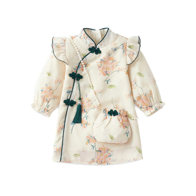 Long Sleeve Cheongsam Performance Dress Spring Autumn Girls Retro Tang Dress