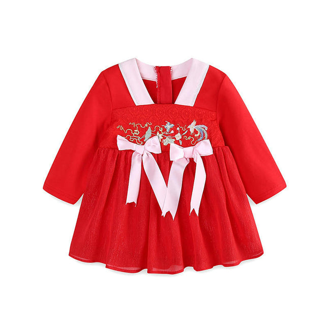 Chinese Cheongsam Dress Kids Girls Long Sleeve Traditional Tang Suit Dress