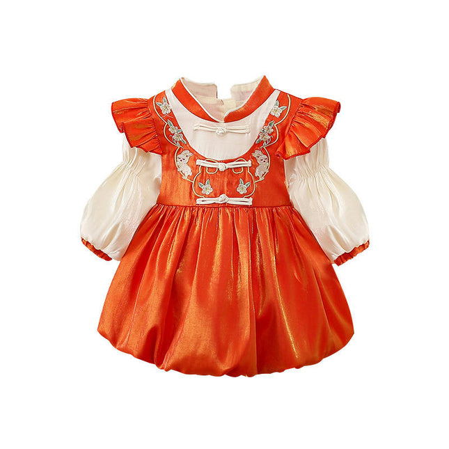 Toddler Girls Spring and Autumn Long Sleeve Floral Print China Style Dresses