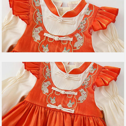 Toddler Girls Spring and Autumn Long Sleeve Floral Print China Style Dresses