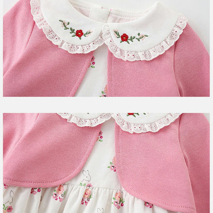 Little Girl Dress Long Sleeve Floral Toddlers Fake Two Piece Dresses