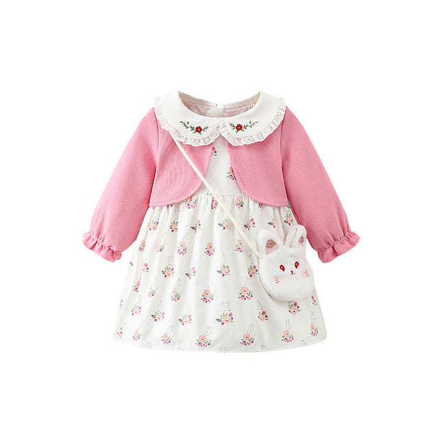 Little Girl Dress Long Sleeve Floral Toddlers Fake Two Piece Dresses