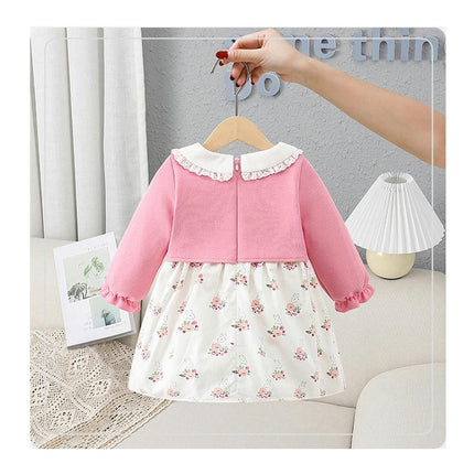 Little Girl Dress Long Sleeve Floral Toddlers Fake Two Piece Dresses