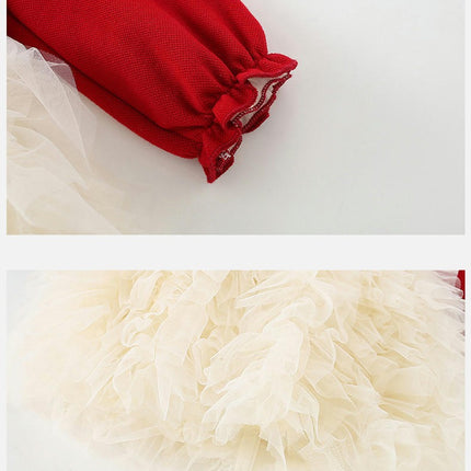 Children Girls Doll Collar Splicing Mesh Tulle Long Sleeve Dresses