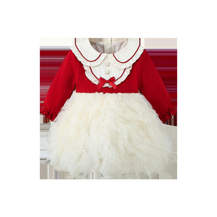 Children Girls Doll Collar Splicing Mesh Tulle Long Sleeve Dresses