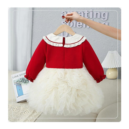 Children Girls Doll Collar Splicing Mesh Tulle Long Sleeve Dresses