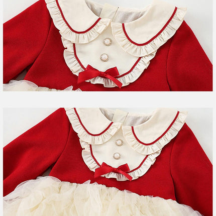 Children Girls Doll Collar Splicing Mesh Tulle Long Sleeve Dresses