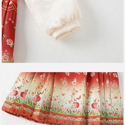 Girls Chinese Classical Horse Skirt Ethnic Retro Pattern Long Sleeved Dresses