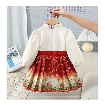 Girls Chinese Classical Horse Skirt Ethnic Retro Pattern Long Sleeved Dresses