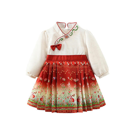 Girls Chinese Classical Horse Skirt Ethnic Retro Pattern Long Sleeved Dresses