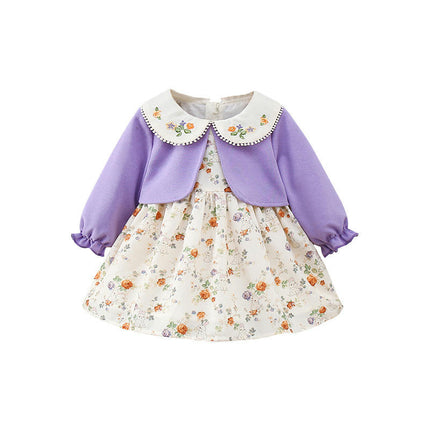 Little Girl Dress Outfits Toddler Floral Fake Two Piece Long Sleeve Dresses