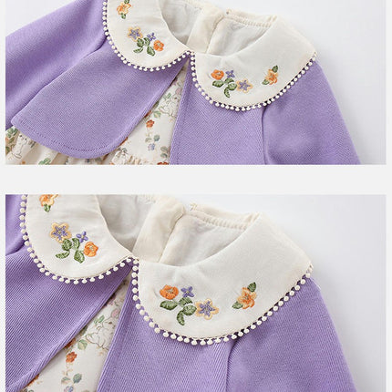 Little Girl Dress Outfits Toddler Floral Fake Two Piece Long Sleeve Dresses