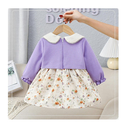 Little Girl Dress Outfits Toddler Floral Fake Two Piece Long Sleeve Dresses