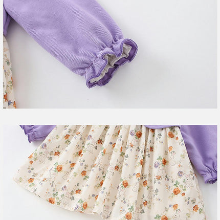Little Girl Dress Outfits Toddler Floral Fake Two Piece Long Sleeve Dresses