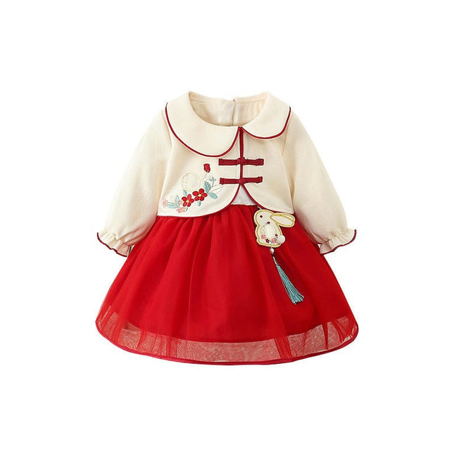Toddler Girls Floral Embroidery Traditional Chinese Style Long Sleeve Dresses