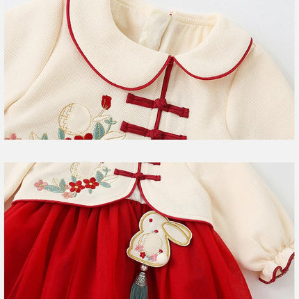 Toddler Girls Floral Embroidery Traditional Chinese Style Long Sleeve Dresses