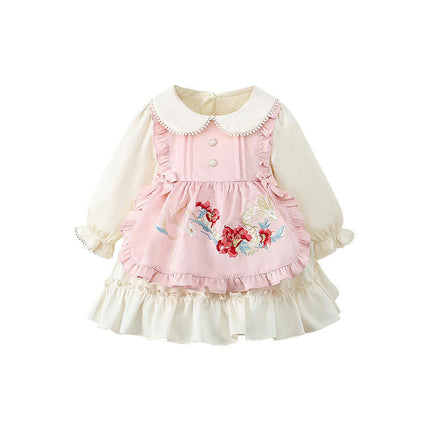 Children Girls Doll Neck Dress Embroidered Flowers Long Sleeve Dresses