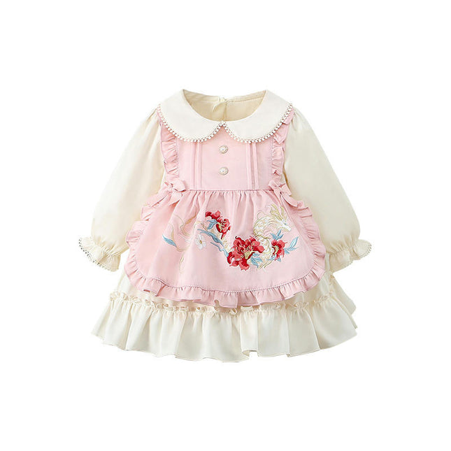 Children Girls Doll Neck Dress Embroidered Flowers Long Sleeve Dresses