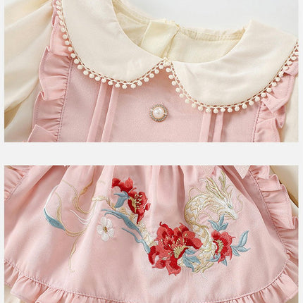 Children Girls Doll Neck Dress Embroidered Flowers Long Sleeve Dresses