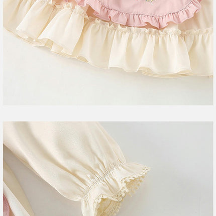 Children Girls Doll Neck Dress Embroidered Flowers Long Sleeve Dresses