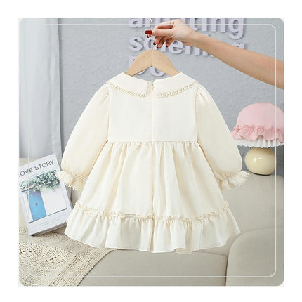 Children Girls Doll Neck Dress Embroidered Flowers Long Sleeve Dresses