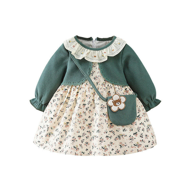 Toddler Dress Girl Floral Long Sleeve Spring and Autumn Fake Two Pieces Dresses