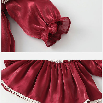Kids Girls Spring Autumn Round Neck Long Sleeve Bow Ruffle Edge Dress