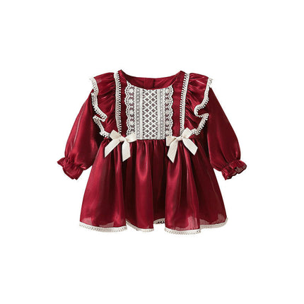 Kids Girls Spring Autumn Round Neck Long Sleeve Bow Ruffle Edge Dress