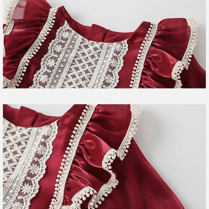 Kids Girls Spring Autumn Round Neck Long Sleeve Bow Ruffle Edge Dress