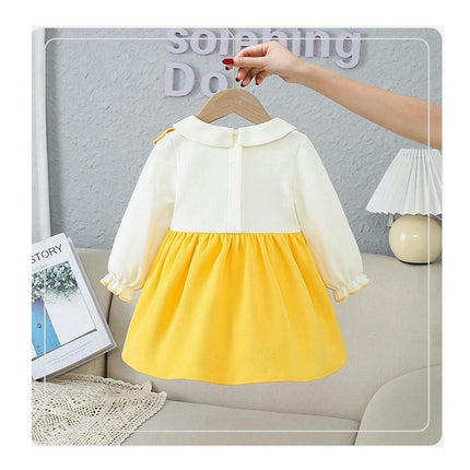 Spring and Autumn Girls Fashion Fake Two Pieces Sunflower Long Sleeve Dress