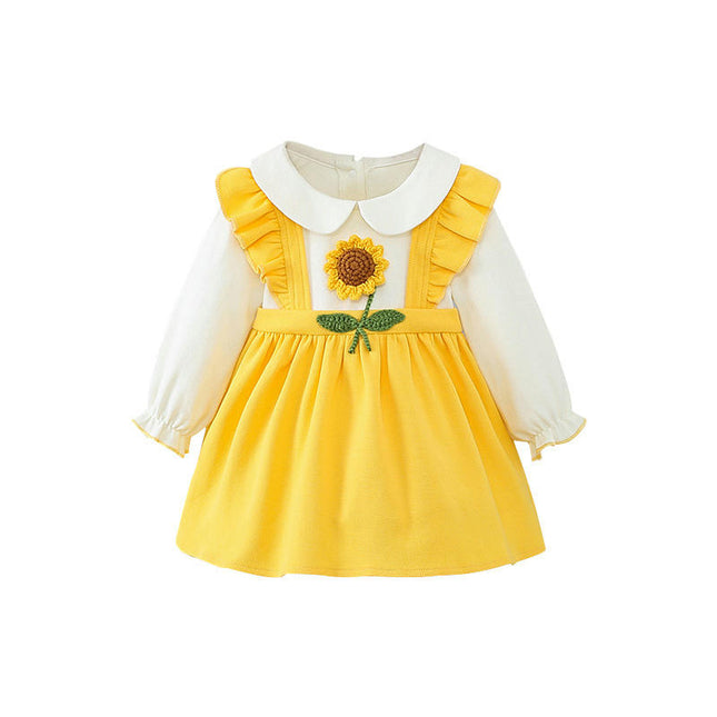 Spring and Autumn Girls Fashion Fake Two Pieces Sunflower Long Sleeve Dress