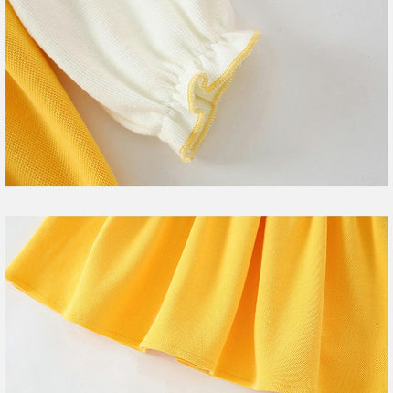 Spring and Autumn Girls Fashion Fake Two Pieces Sunflower Long Sleeve Dress