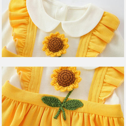 Spring and Autumn Girls Fashion Fake Two Pieces Sunflower Long Sleeve Dress