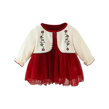 Long Sleeve Girl Tulle Dresses Spring Autumn Toddler Fake Two Pieces Dress