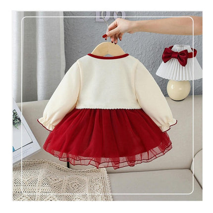 Long Sleeve Girl Tulle Dresses Spring Autumn Toddler Fake Two Pieces Dress
