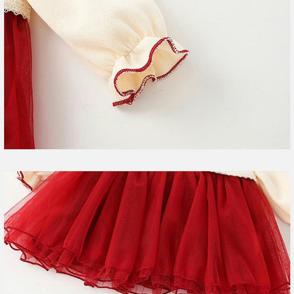Long Sleeve Girl Tulle Dresses Spring Autumn Toddler Fake Two Pieces Dress