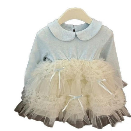 Kids Girl Long Sleeve Dress Ruffle Spring and Fall Tulle Bowknot Princess Dress