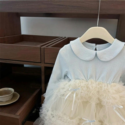 Kids Girl Long Sleeve Dress Ruffle Spring and Fall Tulle Bowknot Princess Dress