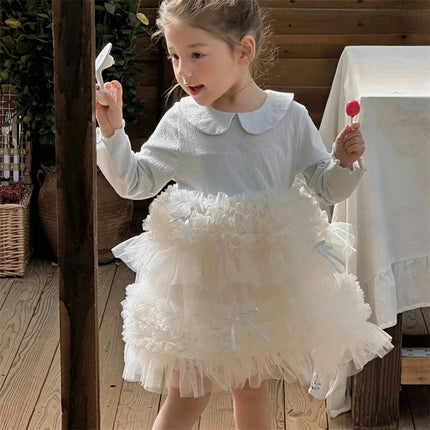 Kids Girl Long Sleeve Dress Ruffle Spring and Fall Tulle Bowknot Princess Dress
