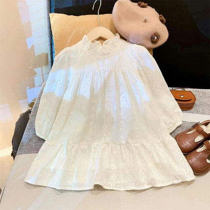 Kids Girls Dresses Casual Puff Sleeve Ruffle Collar Party Long Sleeve Dress