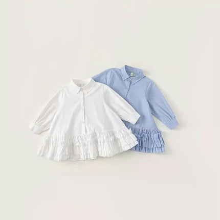 Spring and Autumn Little Girls Cute Turned Collar Shirt Long Sleeved Dress