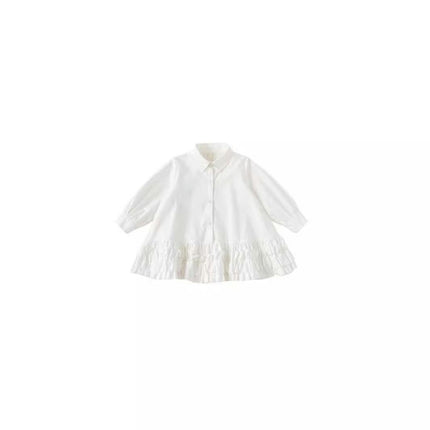 Spring and Autumn Little Girls Cute Turned Collar Shirt Long Sleeved Dress