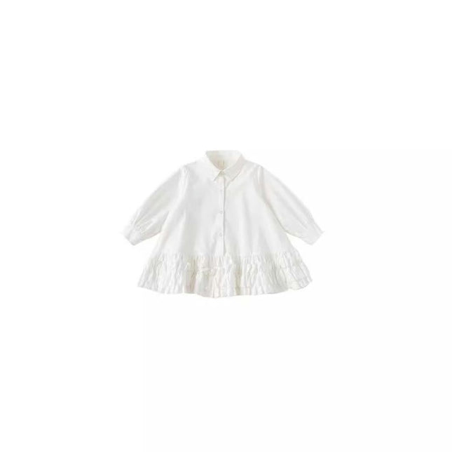 Spring and Autumn Little Girls Cute Turned Collar Shirt Long Sleeved Dress