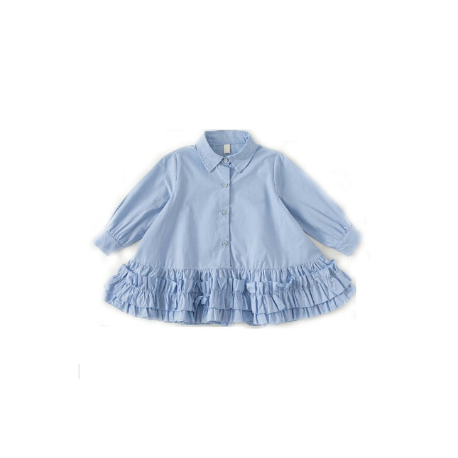 Spring and Autumn Little Girls Cute Turned Collar Shirt Long Sleeved Dress