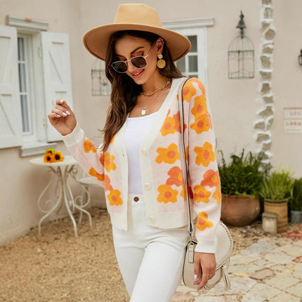 Women Cardigan Open Front Long Sleeve Button Down V-Neck Knit Floral Sweater